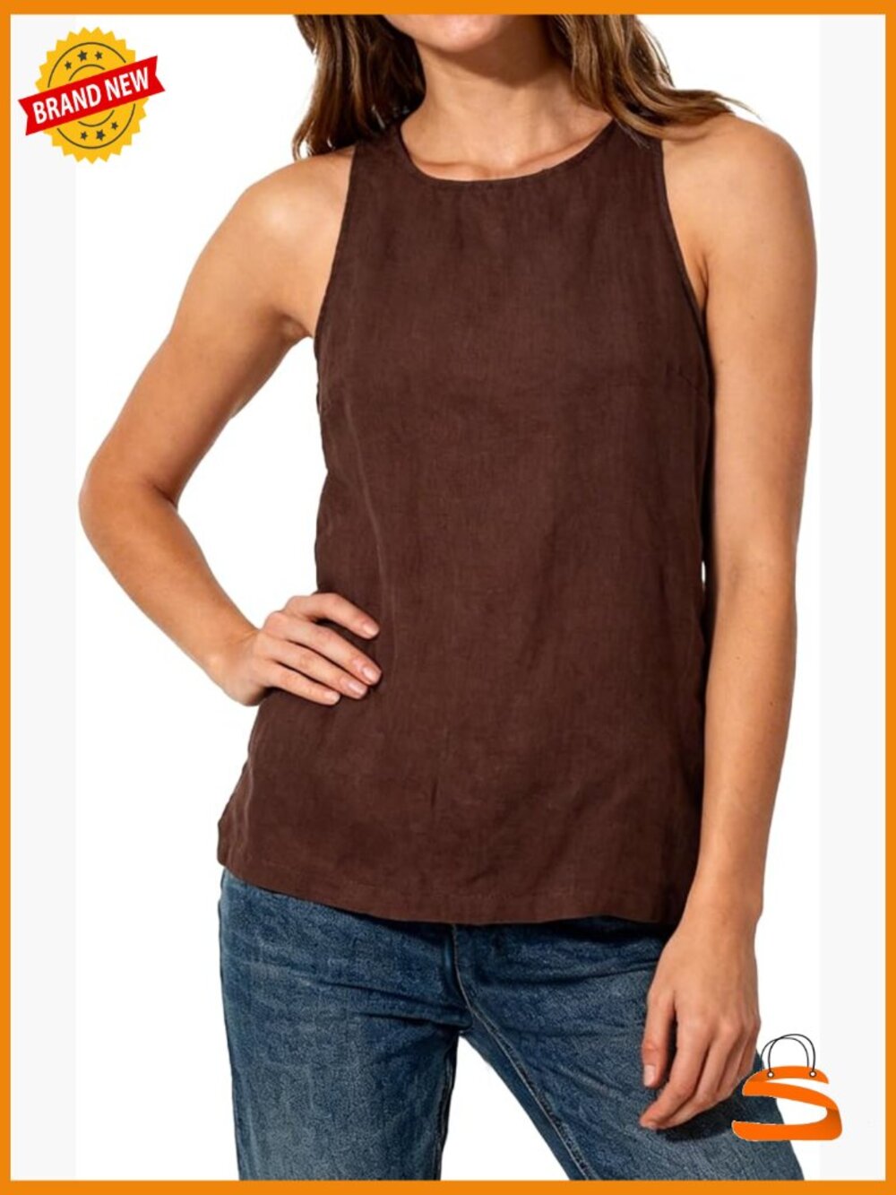 Women's 100% Linen Sleeveless Tank Top with Tie Belt